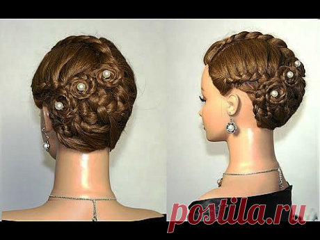 Braided updo, hairstyles for long hair. Плетение косичек, прическа на длинные волосы. - YouTube