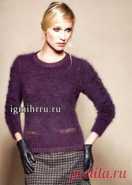 И в пир, и в мир! Мягкий пушистый пуловер фиолетового цвета, из ангоры. Вязание спицами