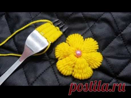 Hand embroidery Amazing Trick,Wow Easy Yellow Flower Embroidery Trick With Fork,Sewing Hack