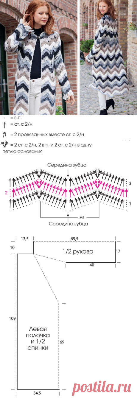 Пальто с узором «зигзаг» - схема вязания крючком. Вяжем Пальто на Verena.ru