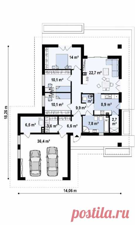 Проект одноэтажного коттеджа с гаражом на две машины площадью до 150 m² | DOM4М в РФ
