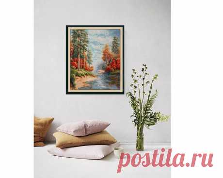 Painting with a golden autumn forest landscape in the living room - Shop RomanovaCrossStitch Wall Décor - Pinkoi