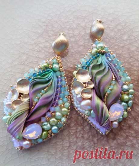 &quot;Silk Leaf Earrings&quot; design by Serena Di Mercione --- bead embroidery &amp; shibori silk ribbon