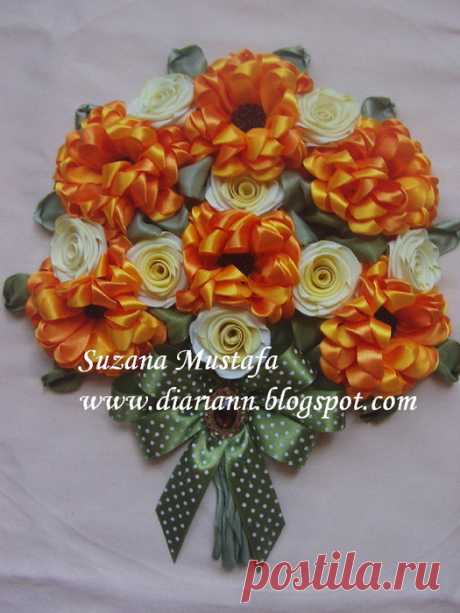 Восхитительная красота вышивки лентами. Хризантемы от Suzana Mustafa.