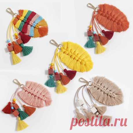 Pure Handmade Creative Cotton Tassel Pendant Leaves Wooden Beads Bag Ornaments Nordic National and European Keychain Pendant| | - AliExpress