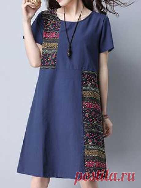 Vintage Floral Patchwork Pocket Short Sleeve Women Dresses