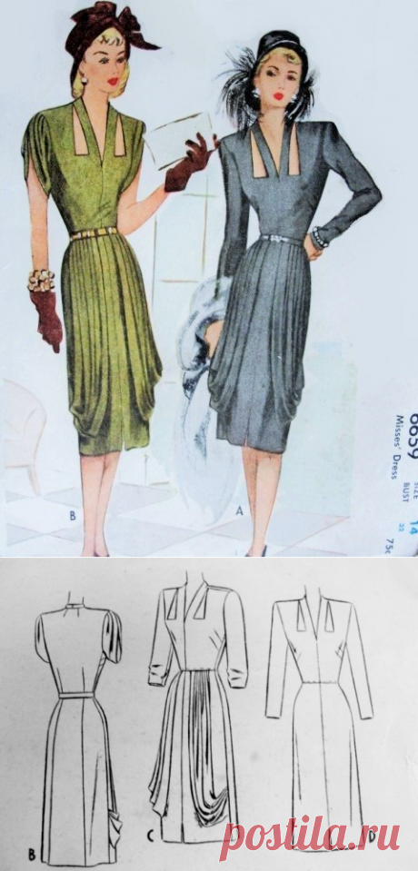 1940s Film Noir Cocktail Evening Dress Pattern Stunning Draped Dinner Dress, Cut Out Keyholes Neckline McCall 6659 Vintage Sewing Pattern Bust 32