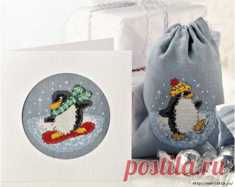 Вышивка пингвинов для подарочных мешочков и открыток.