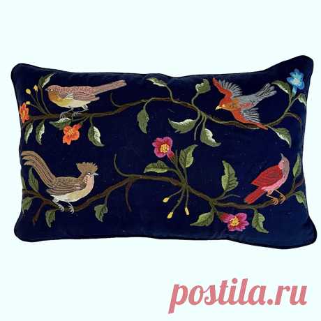 Handwoven Hand Embroidered Blue Bird Couch Pillow Guatemala