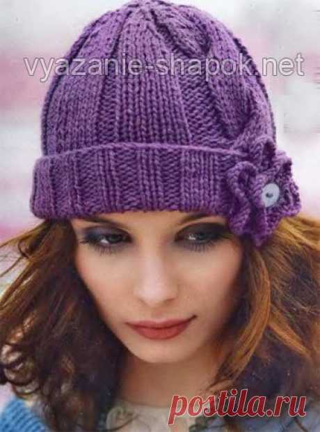 Зимняя шапочка с цветком спицами | Вязание Шапок - Модные и Новые Модели