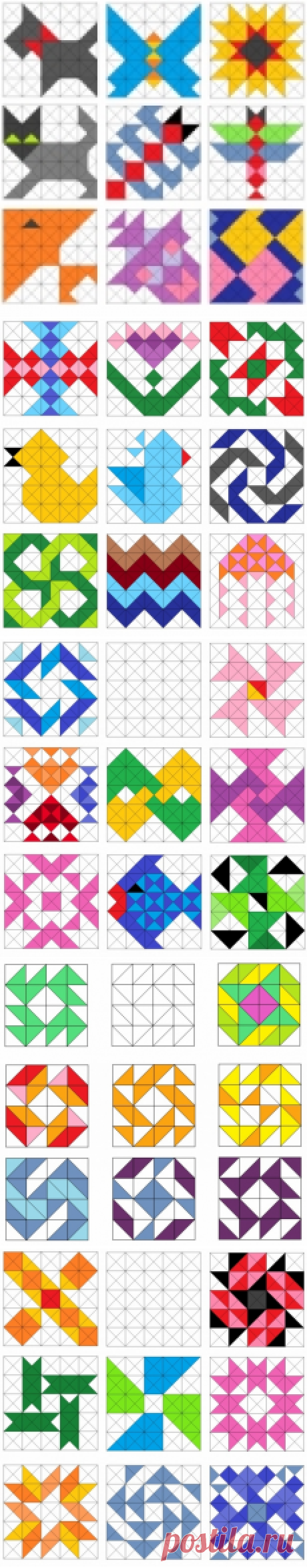 Образцы лоскутных блоков с использованием квадратов и треугольников.