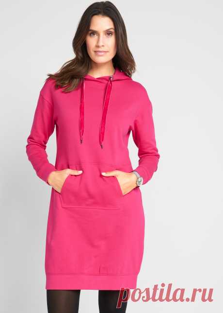 Трикотажное платье с капюшоном и бархатными ленточками - темно-розовый