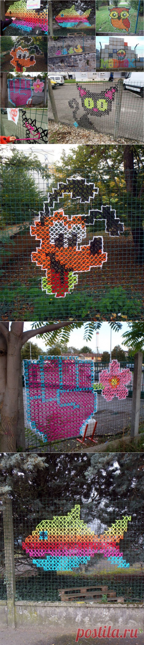 Creative Street Art - Cross-Stitch Murals on Fences