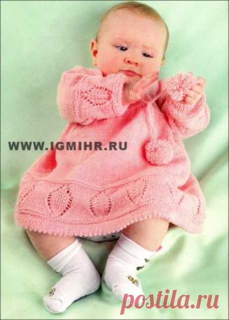 Розовое платье с ажурными узорами для малышки 4-6 месяцев. Спицы
