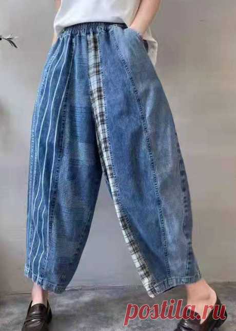 Модные джинсовые брюки в стиле пэчворк синего цвета на весну – SooLinen