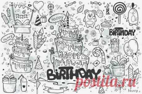 A large set of hand-drawn doodles to birthday. Birthday cake, balloons, rockets, gifts. 123RF - Миллионы стоковых фото, векторов, видео и музыки для Ваших проектов.