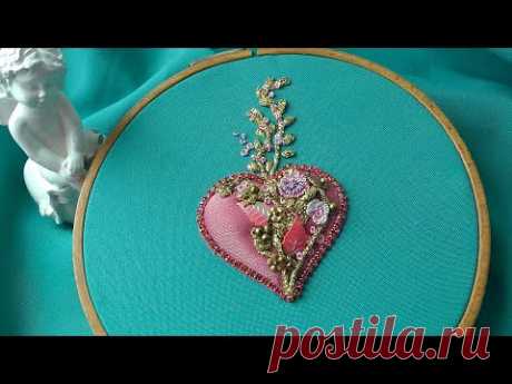 3D Pink Heart 3D Embroidery Sequin embroidery with ribbon and beads