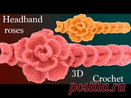 Diadema a Crochet con flores rosas tejidas 3D en punto tunecino tejido tallermanualperu