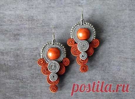 Grey gray red soutache earrings hand embroidered earrings beads embroidery…