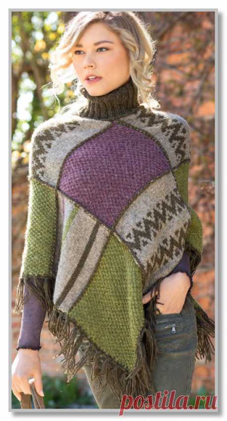 Вязание спицами для женщин. Многоцветное пончо из квадратов в стиле пэчворк. Размер: 36-40 (42-46)