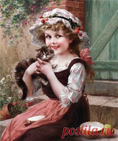 Схема вышивки «девочка с котёнком» (№51827) - Вышивка крестом