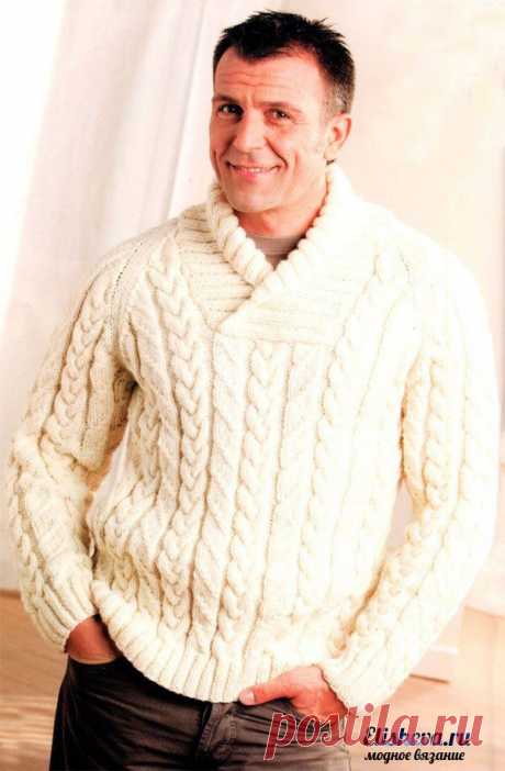 Мужской пуловер с косами вязаный спицами