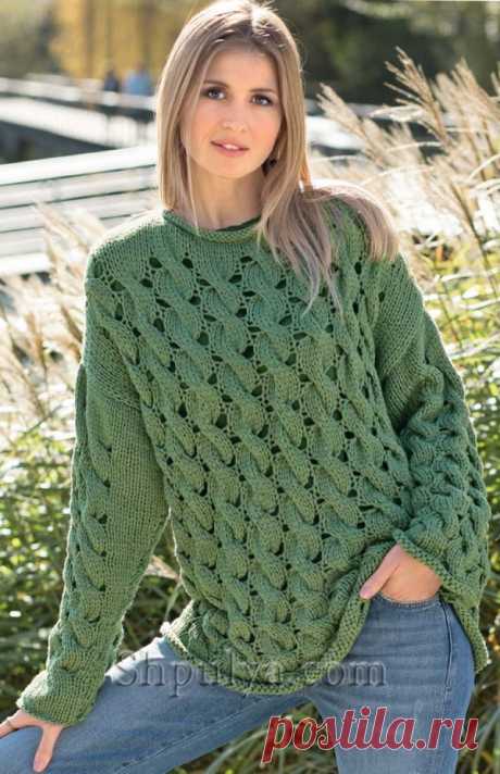 Зеленый пуловер с узором из «кос» - SHPULYA.com