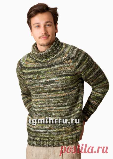 Мужской меланжевый свитер с воротником гольф. Вязание спицами со схемами и описанием