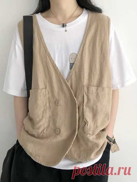 Artistic Retro Loose Solid Color Linen Buttoned V-Neck Vest Outwear