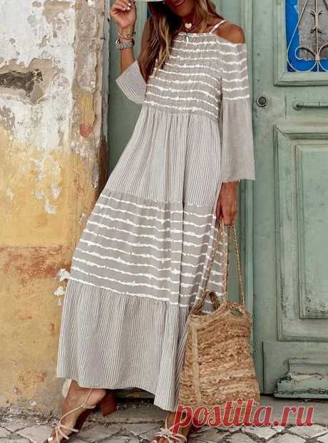 Fashion Stripe Print Off-shoulder Maxi Dress Women