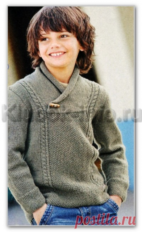 Вязание спицами для детей. Однотонный пуловер с шалевым воротником для мальчика 6, 8, 10, 12 лет