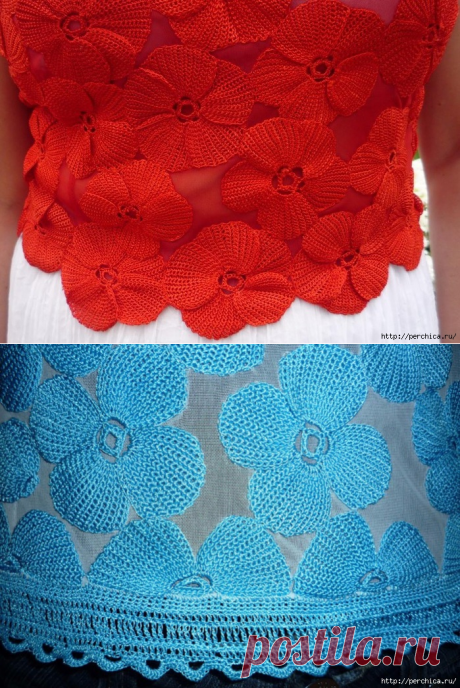 Цветы на блузе в технике тунисского вязания