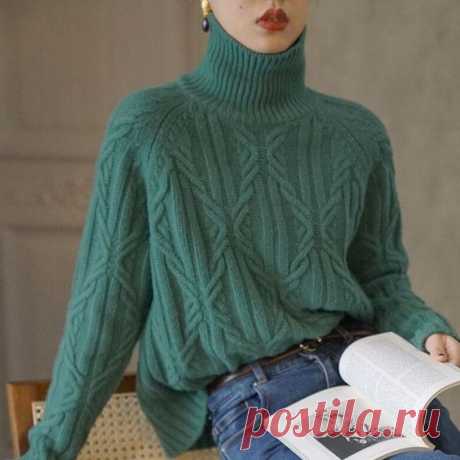 Christmas Gift Winter Turtleneck Sweater Women Cashmere Argyle Sweaters Pure Color Knitted Pullover Oversized Loose Casual Lady Jumper - S / China / Green