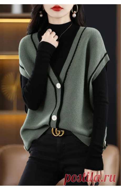 Женский вязаный свитер без рукавов, повседневный Свободный кардиган с V-образным вырезом в винтажном стиле, весна-осень 2022 | AliExpress