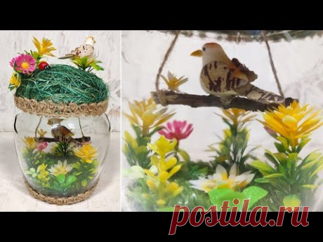 Поделки из банки DIY. Весенняя композиция птичка в банке.