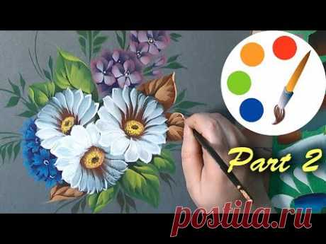 Painting daisies by  flat brushes, paint wildflowers, tutorial,  part 2
