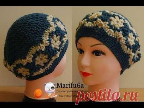 How to crochet beret hat  with flowers free pattern tutorial
