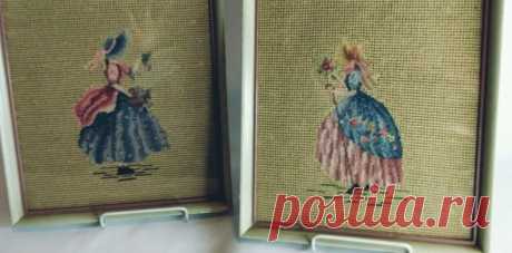 Старинные в рамке вышивка крестиком в паре набор девочек в шляпка и цветы | eBay