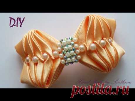 Бантик из ленты с бисером Канзаши DIY Bow of ribbon Kanzashi Laço de Cetim