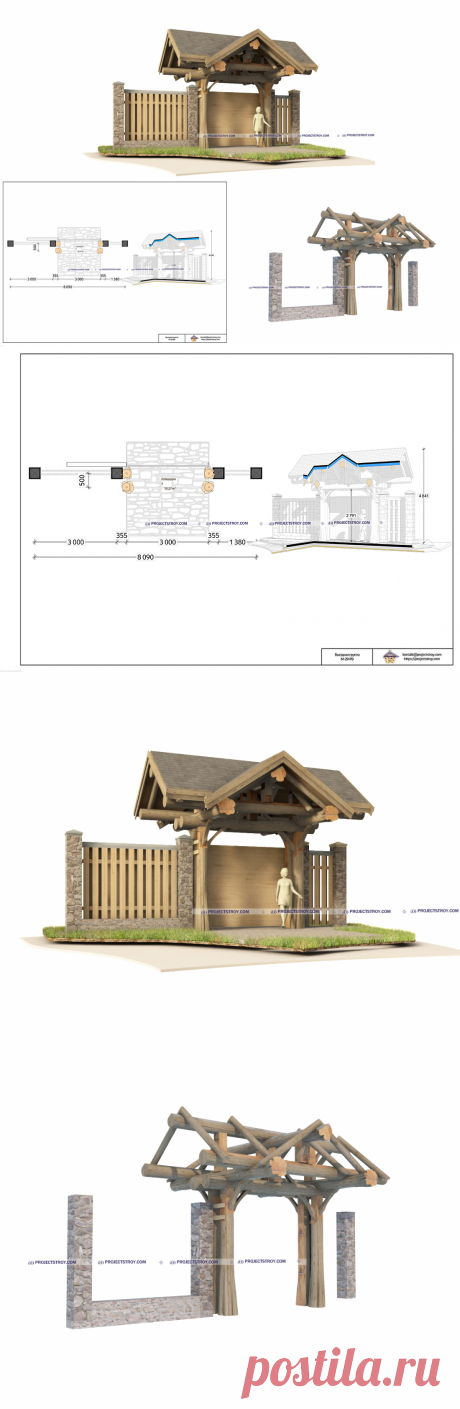 Post and beam въездная группа из бревна для участка