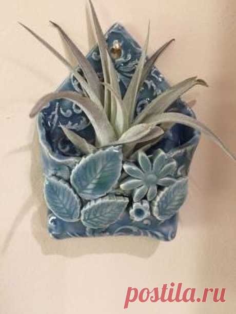 Blue Floral Wall Pocket Ceramic Wall Pocket Ceramic Wall Vase Ceramic Planter with Leaves and Flowers Handmade Clay