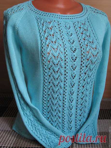 Купить Пуловер Прохлада - голубой, орнамент, пуловер вязаный, пуловер, пуловер женский, пуловер спицами