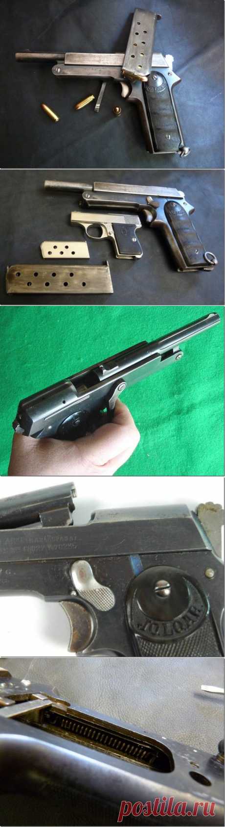 Пистолет JO.LO.AR | Все об оружии  \\ Испанец Хосе Лопес Арнаиз (Jose Lopes Arnaiz) в 1919 году запатентовал приспособление для своего пистолета, которое позволяло взводить затвор одной рукой (испанский патент №70235). Этот пистолет JO.LO.AR. в основном был предназначен для конных войск. Ведь для этого рода войск довольно актуально иметь оружие, которое можно привести в боевое положение одной рукой.