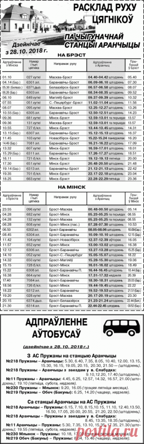 Расписание движения поездов по железнодорожной станции Оранчицы + расписание движения автобусов по маршруту Пружаны-Оранчицы-Пружаны (действует с 28 октября 2018) — Пружаны. Погода в Пружанах. Районные будни. Раённыя буднi