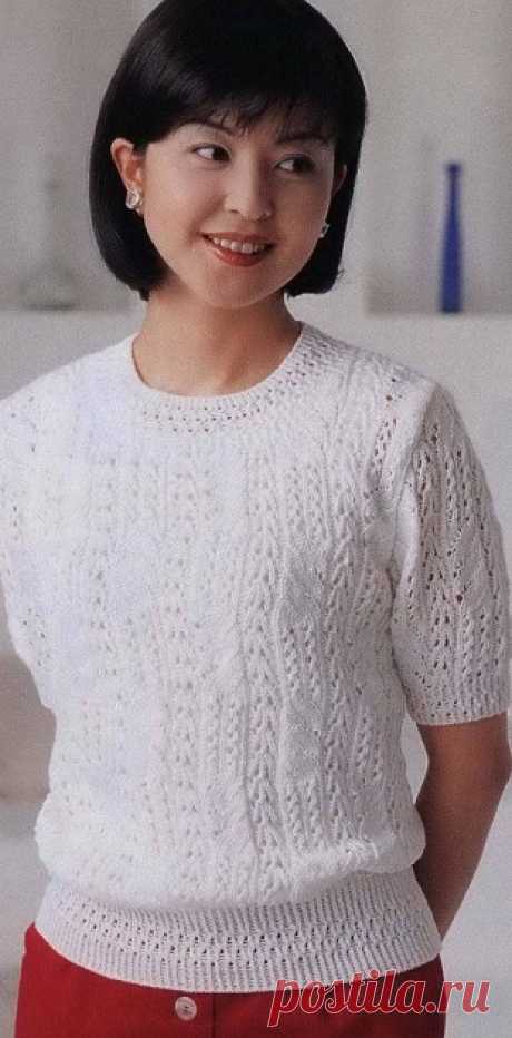 Вязание пуловера белого цвета спицами