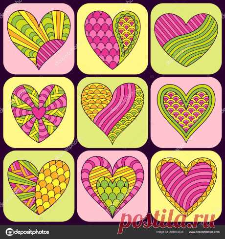 Set Hand Drawn Doodle Symbols Ornate Green Yellow Pink Hearts — Stock Vector © Smilyk #204074338