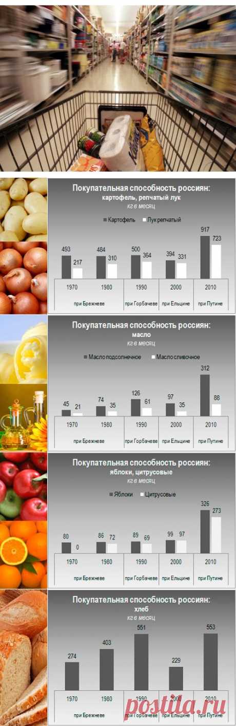 Сколько продуктов можно было купить на зарплату при Путине, Ельцине, Горбачеве и Брежневе? | Ваше мнение