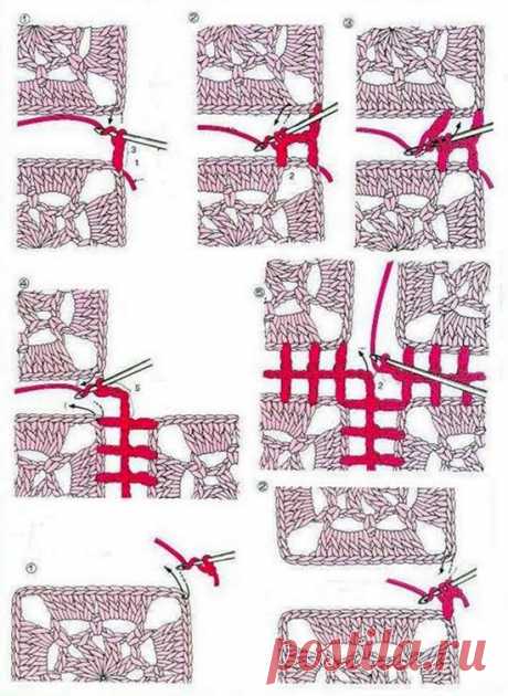 Соединение вязаных мотивов столбиками с накидом - схема и описание