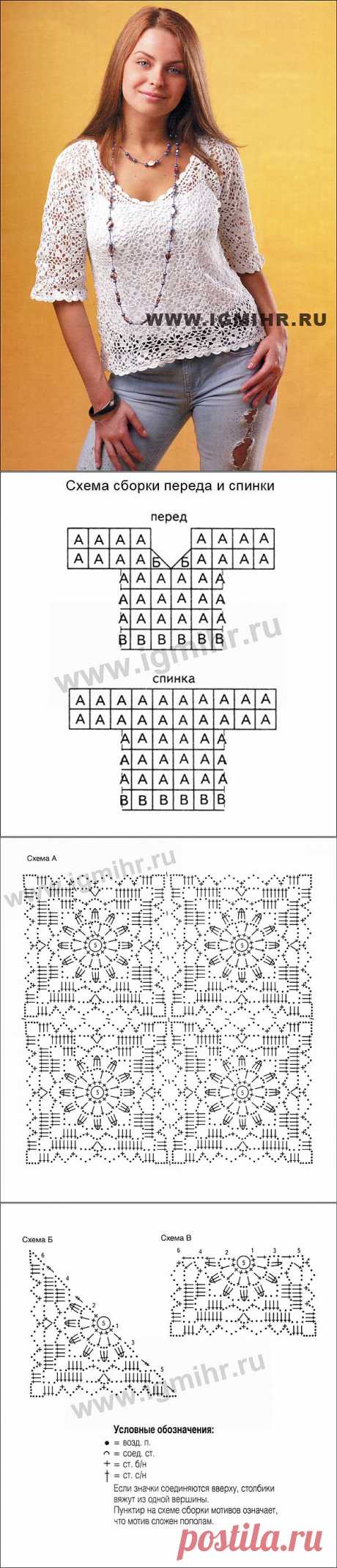 Белый ажурный пуловер, связанный квадратными мотивами. Крючок