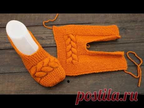 Следки тапочки с косой спицами Cable slippers knitting pattern